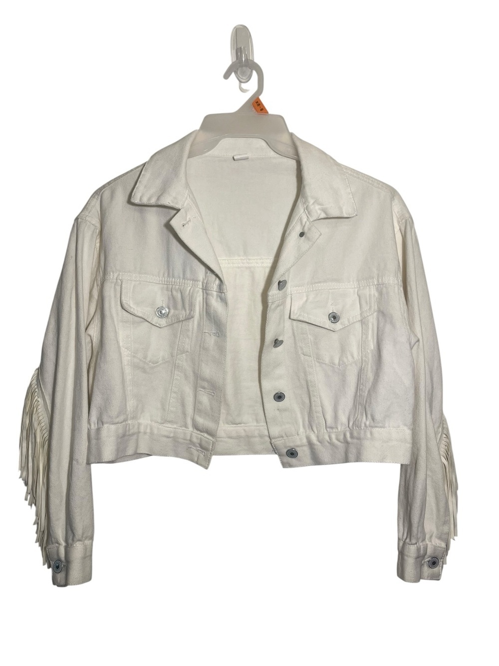 Source Unknown White Cropped Fringe Denim Jacket with flaws